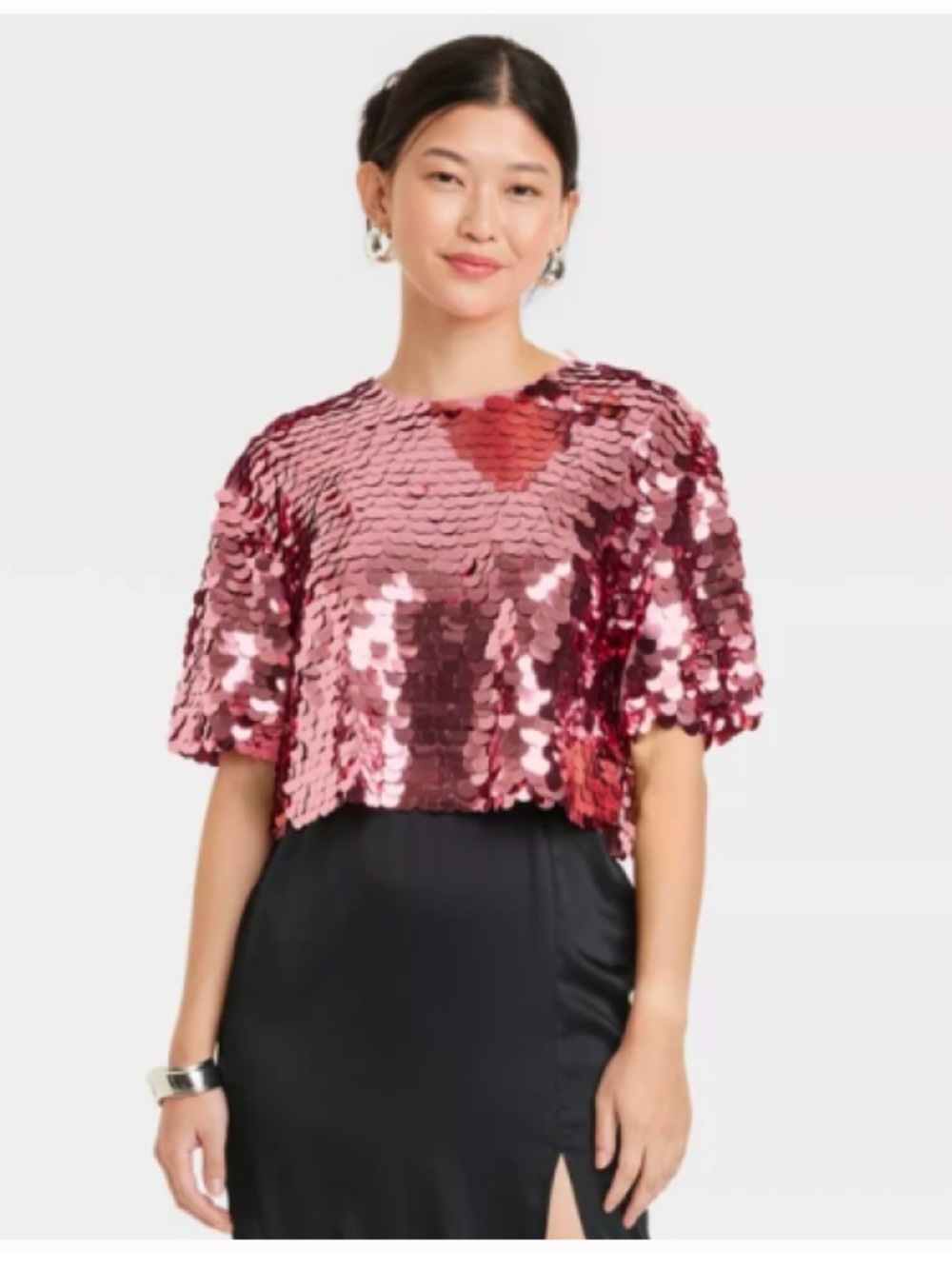 a new day Cropped Sequin Top - Rose Pink